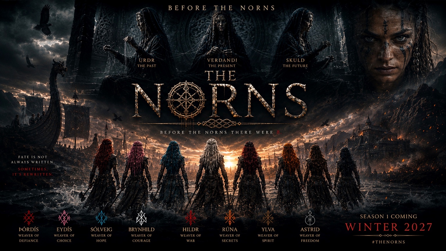 The Norns series poster with the three Norns above eight shieldmaidens